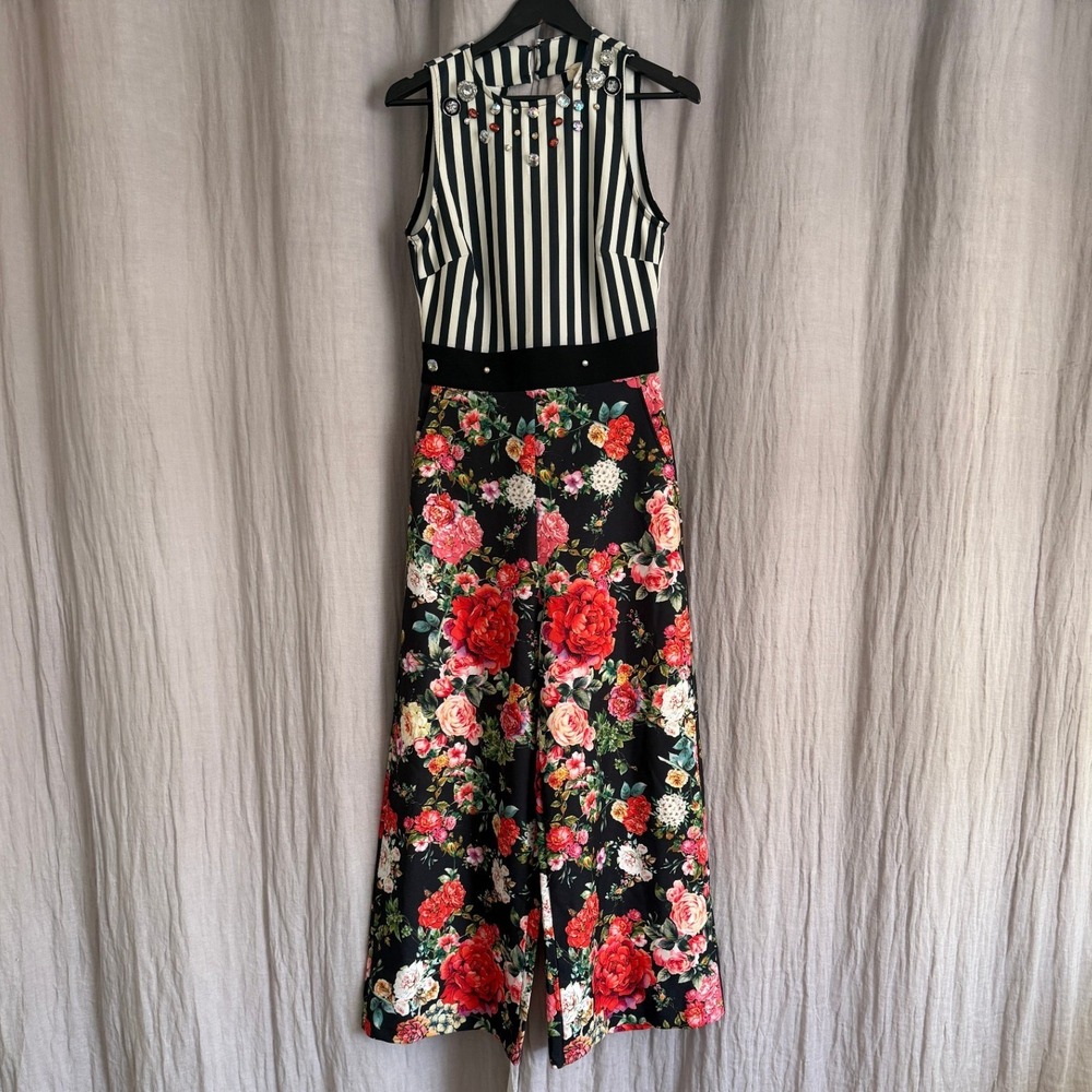 Nice Istanbul Striped Floral Rhinestone Embellished Sleeveless Dress Size 40 L